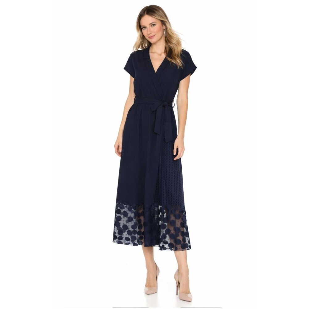 Navy Midi Dress Polka Dot Mesh Hem Detachable Belt Size M